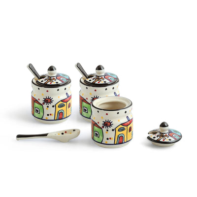 ExclusiveLane 'The Hut' Multi-Purpose Ceramic Pickle & Chutney Jar Set With Spoons (Set Of 3, Non-Airtight, 280 ML, Hand-Painted)