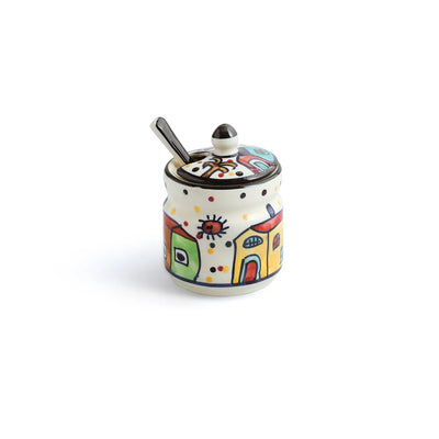 ExclusiveLane 'The Hut' Multi-Purpose Ceramic Pickle & Chutney Jar Set With Spoons (Set Of 3, Non-Airtight, 280 ML, Hand-Painted)