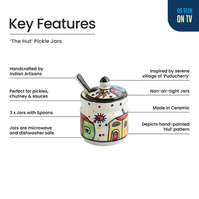 ExclusiveLane 'The Hut' Multi-Purpose Ceramic Pickle & Chutney Jar Set With Spoons (Set Of 3, Non-Airtight, 280 ML, Hand-Painted)