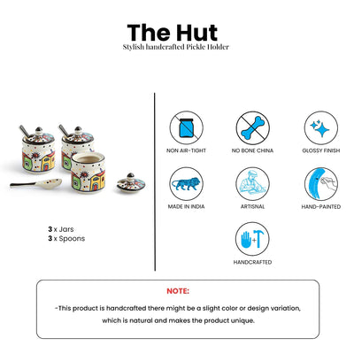 ExclusiveLane 'The Hut' Multi-Purpose Ceramic Pickle & Chutney Jar Set With Spoons (Set Of 3, Non-Airtight, 280 ML, Hand-Painted)