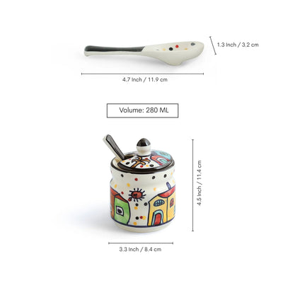 ExclusiveLane 'The Hut' Multi-Purpose Ceramic Pickle & Chutney Jar Set With Spoons (Set Of 3, Non-Airtight, 280 ML, Hand-Painted)