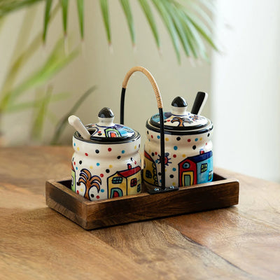 'The Hut' Hand-Painted Ceramic Pickle & Chutney Jar Set With Spoons & Wooden Tray (Set of 2, 280 ml)