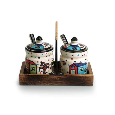 'The Hut' Hand-Painted Ceramic Pickle & Chutney Jar Set With Spoons & Wooden Tray (Set of 2, 280 ml)