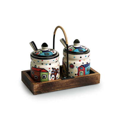 'The Hut' Hand-Painted Ceramic Pickle & Chutney Jar Set With Spoons & Wooden Tray (Set of 2, 280 ml)