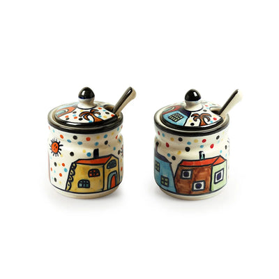 'The Hut' Hand-Painted Ceramic Pickle & Chutney Jar Set With Spoons & Wooden Tray (Set of 2, 280 ml)