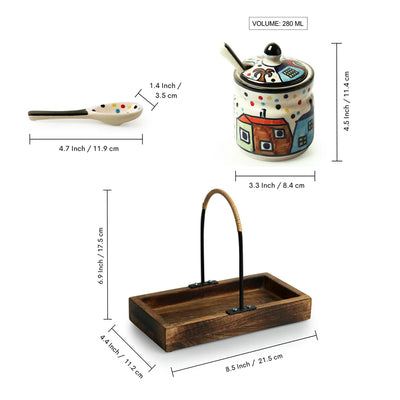 'The Hut' Hand-Painted Ceramic Pickle & Chutney Jar Set With Spoons & Wooden Tray (Set of 2, 280 ml)