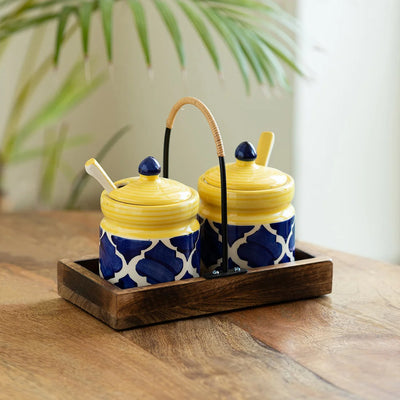 'Moroccan' Hand-Painted Ceramic Pickle & Chutney Jar Set With Spoons & Wooden Tray (Set of 2, 280 ml)