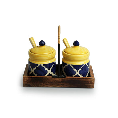 'Moroccan' Hand-Painted Ceramic Pickle & Chutney Jar Set With Spoons & Wooden Tray (Set of 2, 280 ml)