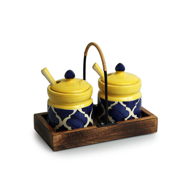 'Moroccan' Hand-Painted Ceramic Pickle & Chutney Jar Set With Spoons & Wooden Tray (Set of 2, 280 ml)