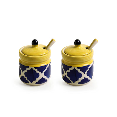 'Moroccan' Hand-Painted Ceramic Pickle & Chutney Jar Set With Spoons & Wooden Tray (Set of 2, 280 ml)