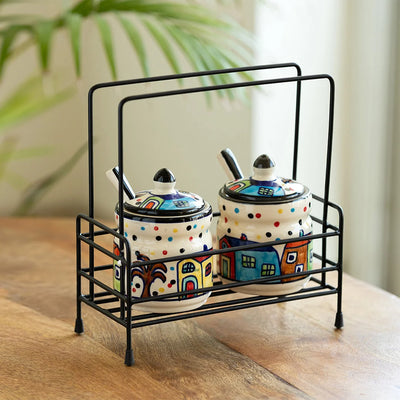 'The Hut' Hand-Painted Ceramic Pickle & Chutney Jar Set With Spoons & Iron Caddy (Set of 2, 280 ml)