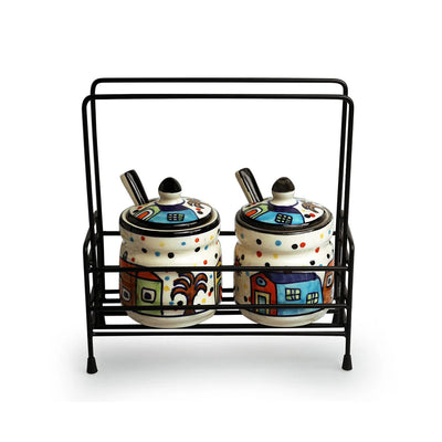 'The Hut' Hand-Painted Ceramic Pickle & Chutney Jar Set With Spoons & Iron Caddy (Set of 2, 280 ml)