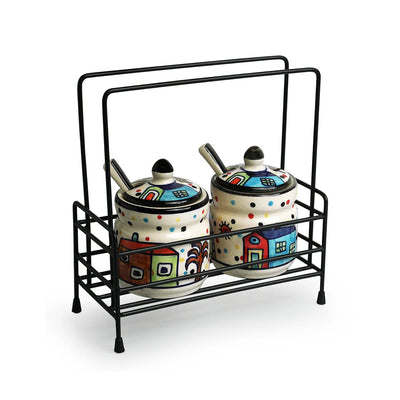 'The Hut' Hand-Painted Ceramic Pickle & Chutney Jar Set With Spoons & Iron Caddy (Set of 2, 280 ml)