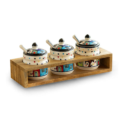 'The Hut' Hand-Painted Ceramic Pickle & Chutney Jar Set With Spoons & Wooden Holder (Set of 3, 280 ml)