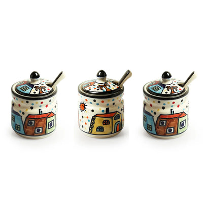 'The Hut' Hand-Painted Ceramic Pickle & Chutney Jar Set With Spoons & Wooden Holder (Set of 3, 280 ml)