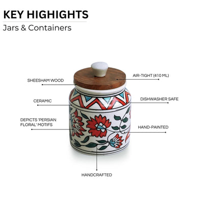 'Persian Floral' Multi-Purpose Jar & Container In Ceramic (Air-Tight, 410 ml, Hand-Painted)