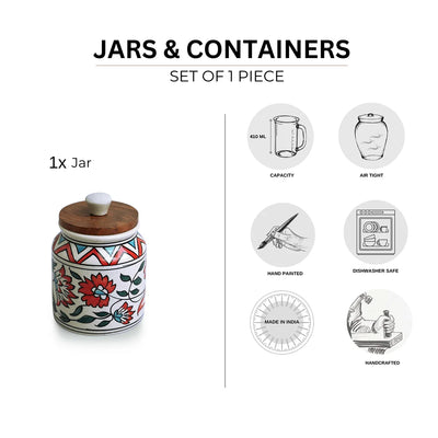 'Persian Floral' Multi-Purpose Jar & Container In Ceramic (Air-Tight, 410 ml, Hand-Painted)