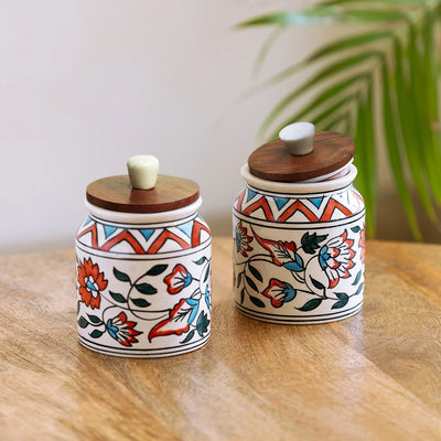 'Persian Floral' Multi-Purpose Storage Jars & Containers In Ceramic (Air-Tight, Set of 2, 410 ml, Hand-Painted)