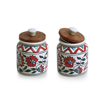 'Persian Floral' Multi-Purpose Storage Jars & Containers In Ceramic (Air-Tight, Set of 2, 410 ml, Hand-Painted)