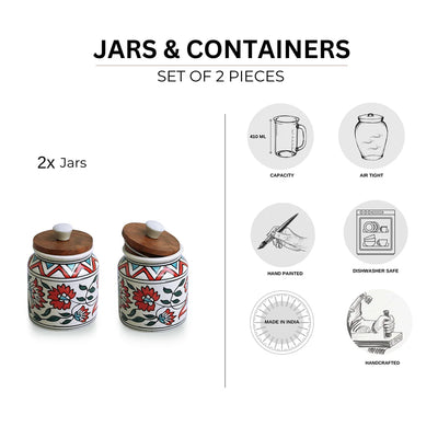 'Persian Floral' Multi-Purpose Storage Jars & Containers In Ceramic (Air-Tight, Set of 2, 410 ml, Hand-Painted)