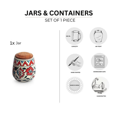 'Persian Floral' Multi-Purpose Storage Jar & Container In Ceramic (Air-Tight, 480 ml, Hand-Painted)