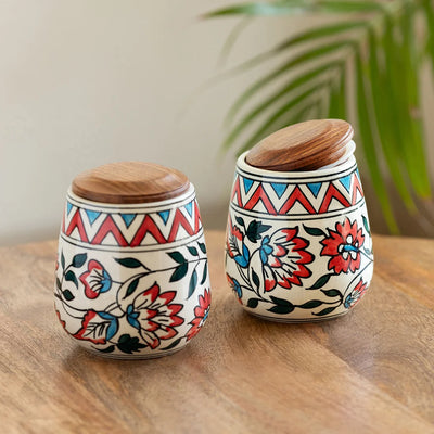 'Persian Floral' Multi-Purpose Storage Jars & Containers In Ceramic (Air-Tight, Set of 2, 480 ml, Hand-Painted)