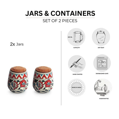 'Persian Floral' Multi-Purpose Storage Jars & Containers In Ceramic (Air-Tight, Set of 2, 480 ml, Hand-Painted)