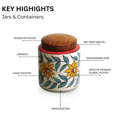 'Persian Floral' Multi-Purpose Storage Jar & Container In Ceramic (Air-Tight, 600 ml, Hand-Painted)