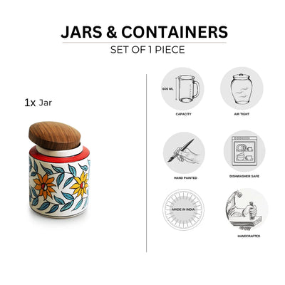 'Persian Floral' Multi-Purpose Storage Jar & Container In Ceramic (Air-Tight, 600 ml, Hand-Painted)