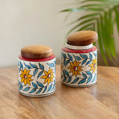 'Persian Floral' Multi-Purpose Storage Jars & Containers In Ceramic (Air-Tight, Set of 2, 600 ml, Hand-Painted)