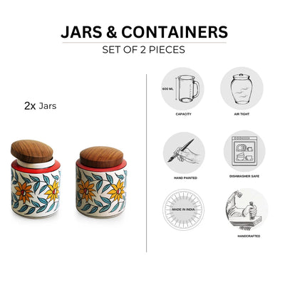 'Persian Floral' Multi-Purpose Storage Jars & Containers In Ceramic (Air-Tight, Set of 2, 600 ml, Hand-Painted)