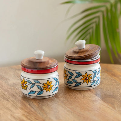 'Persian Floral' Multi-Purpose Storage Jars & Containers In Ceramic (Air-Tight, Set of 2, 300 ml, Hand-Painted)