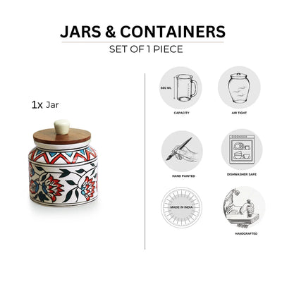 'Persian Floral' Multi-Purpose Storage Jar & Container In Ceramic (Air-Tight, 660 ml, Hand-Painted)