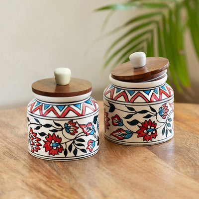 'Persian Floral' Multi-Purpose Storage Jars & Containers In Ceramic (Air-Tight, Set of 2, 660 ml, Hand-Painted)