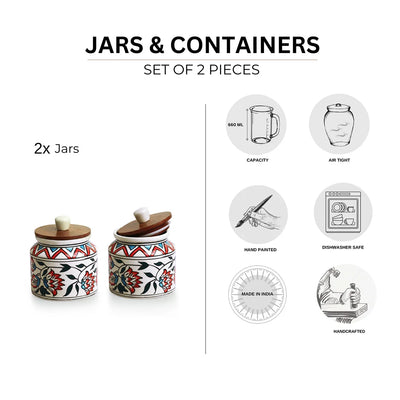 'Persian Floral' Multi-Purpose Storage Jars & Containers In Ceramic (Air-Tight, Set of 2, 660 ml, Hand-Painted)