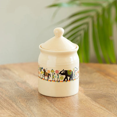 'Elephant Motif' Multi-Purpose Ceramic Pickle & Chutney Jar (Non Air-Tight, 540 ml, Handcrafted)