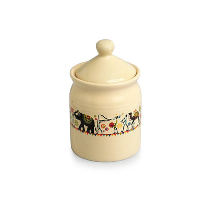 'Elephant Motif' Multi-Purpose Ceramic Pickle & Chutney Jar (Non Air-Tight, 540 ml, Handcrafted)