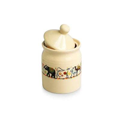 'Elephant Motif' Multi-Purpose Ceramic Pickle & Chutney Jar (Non Air-Tight, 540 ml, Handcrafted)