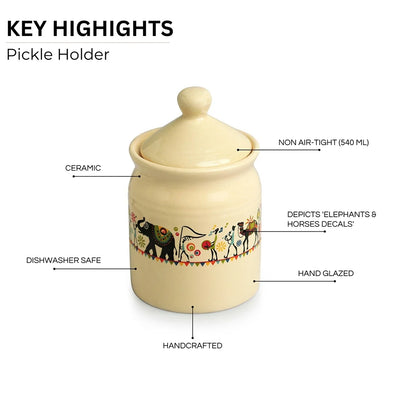 'Elephant Motif' Multi-Purpose Ceramic Pickle & Chutney Jar (Non Air-Tight, 540 ml, Handcrafted)