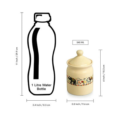 'Elephant Motif' Multi-Purpose Ceramic Pickle & Chutney Jar (Non Air-Tight, 540 ml, Handcrafted)