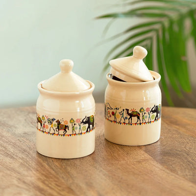 'Elephant Motif' Multi-Purpose Ceramic Pickle & Chutney Jar Set (Non Air-Tight, Set of 2, 540 ml, Handcrafted)