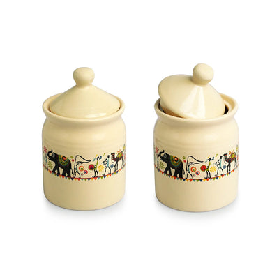 'Elephant Motif' Multi-Purpose Ceramic Pickle & Chutney Jar Set (Non Air-Tight, Set of 2, 540 ml, Handcrafted)