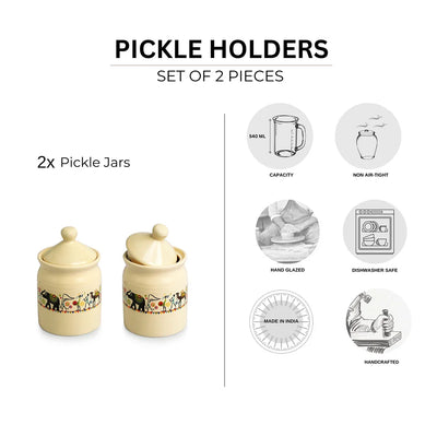 'Elephant Motif' Multi-Purpose Ceramic Pickle & Chutney Jar Set (Non Air-Tight, Set of 2, 540 ml, Handcrafted)