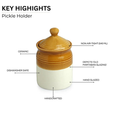 'Old Martaban' Multi-Purpose Ceramic Pickle & Chutney Jar (Non Air-Tight, 540 ml, Hand Glazed)