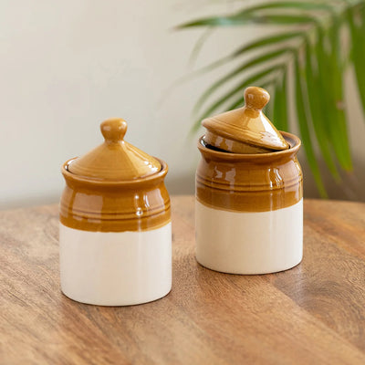 'Old Martaban' Multi-Purpose Ceramic Pickle & Chutney Jar Set (Non Air-Tight, Set of 2, 540 ml, Hand Glazed)