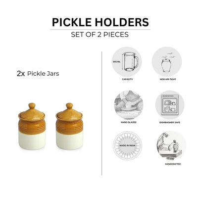 'Old Martaban' Multi-Purpose Ceramic Pickle & Chutney Jar Set (Non Air-Tight, Set of 2, 540 ml, Hand Glazed)