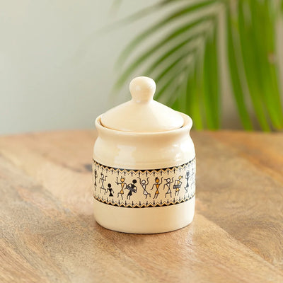 'Art Of Warli' Multi-Purpose Ceramic Pickle & Chutney Jar (Non Air-Tight, 280 ml, Handcrafted)