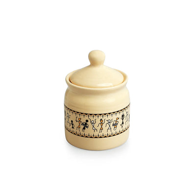 'Art Of Warli' Multi-Purpose Ceramic Pickle & Chutney Jar (Non Air-Tight, 280 ml, Handcrafted)