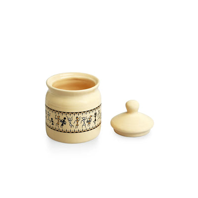 'Art Of Warli' Multi-Purpose Ceramic Pickle & Chutney Jar (Non Air-Tight, 280 ml, Handcrafted)