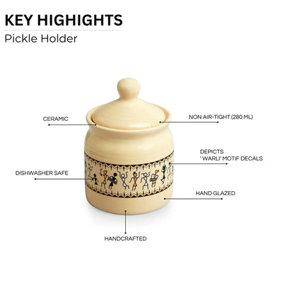 'Art Of Warli' Multi-Purpose Ceramic Pickle & Chutney Jar (Non Air-Tight, 280 ml, Handcrafted)